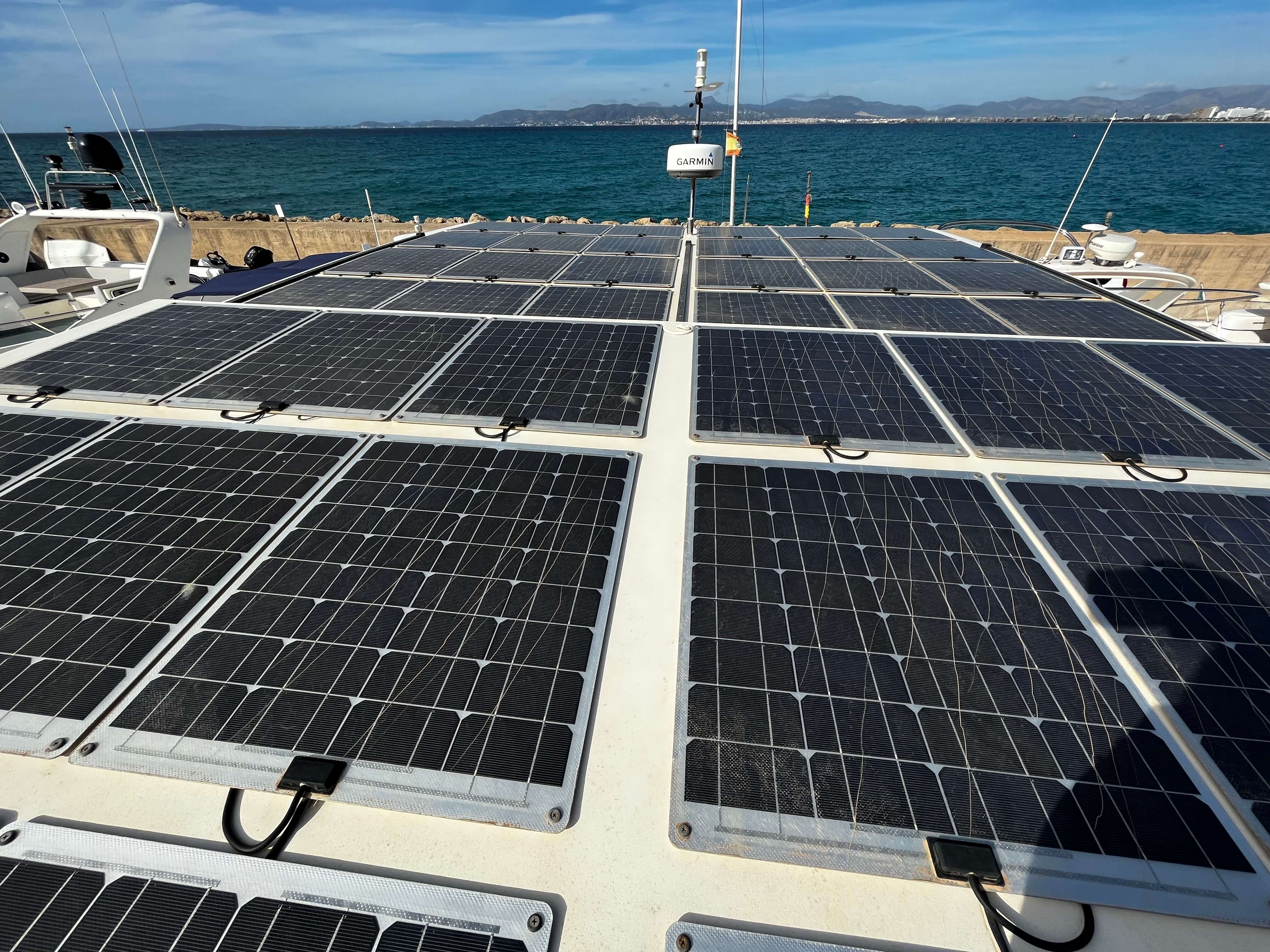 Solar panels on motor yacht